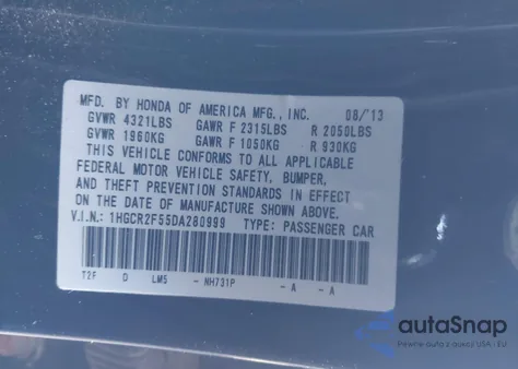 2013 Honda Accord Sport из США, поврежденный, VIN 1HGCR2F55DA280999